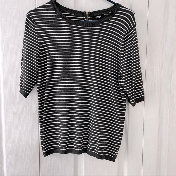 Premise Sweaters - Premise Studio charcoal grey & white striped fitted knit top. Size L